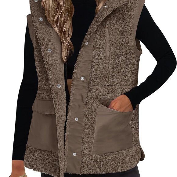 Womens Fuzzy Fleece Vest Loose Sleeveless Warm Button Down Fall Sherpa Jacket Ou - Picture 1 of 6